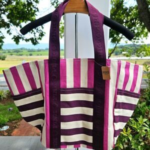 Victoria's Secret Striped Carry On Large Canvas Zipper Beach Tote NEW MSRP $49